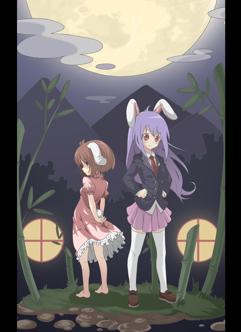 animal_ears arms_behind_back back-to-back bad_id bad_pixiv_id barefoot blazer brown_hair bunny_ears chonbo_(artist) hands_on_hips highres inaba_tewi jacket long_hair moon multiple_girls necktie pillarboxed pleated_skirt purple_hair red_eyes reisen_udongein_inaba round_window short_hair skirt thighhighs touhou window