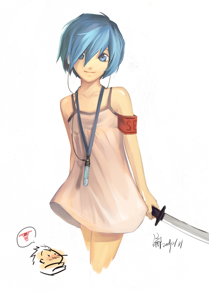 1boy armband bare_shoulders blue_eyes blue_hair crossdressing digital_media_player headphones katana male_focus mochizuki_ryouji otoko_no_ko persona persona_3 short_hair smile solo sword weapon yuuki_makoto