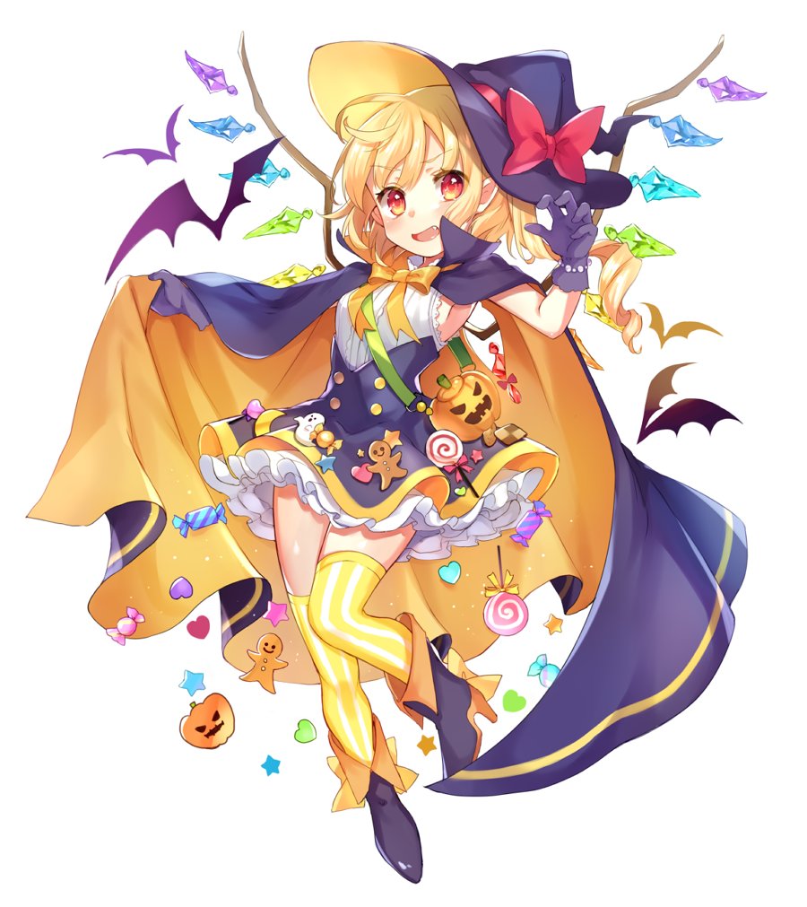 :d alternate_costume ankle_boots bag bat black_footwear black_skirt blonde_hair blush boots bow candy candy_wrapper cape checkerboard_cookie claw_pose cookie crystal fang flandre_scarlet food full_body ghost gingerbread_man gloves grey_gloves halloween hand_up handbag hat hat_bow heart high-waist_skirt high_heel_boots high_heels jack-o'-lantern lollipop looking_at_viewer one_side_up open_mouth outstretched_arm paragasu_(parags112) petticoat red_bow red_eyes shirt shoulder_bag simple_background skirt sleeveless sleeveless_shirt smile solo star striped striped_legwear swirl_lollipop thighhighs touhou vertical-striped_legwear vertical_stripes white_background white_shirt wings witch_hat wrapped_candy yellow_legwear zettai_ryouiki