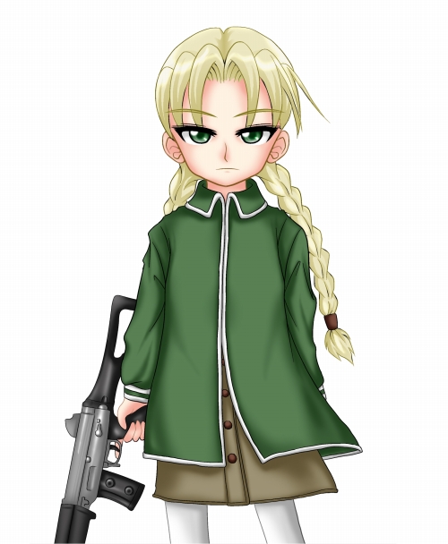 1girl blonde_hair elsa_de_sica elsa_di_sica green_eyes gun gunslinger_girl simple_background solo weapon