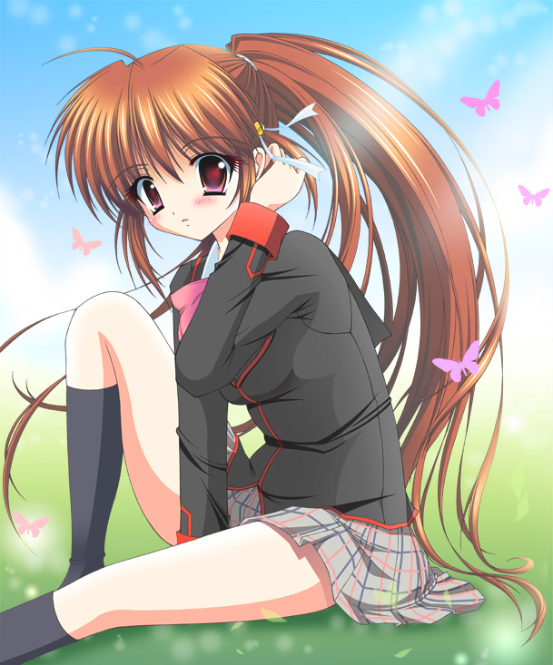 bad_id bad_pixiv_id brown_hair bug butterfly insect little_busters! long_hair mizuki_chika natsume_rin plaid plaid_skirt ponytail red_eyes school_uniform skirt solo