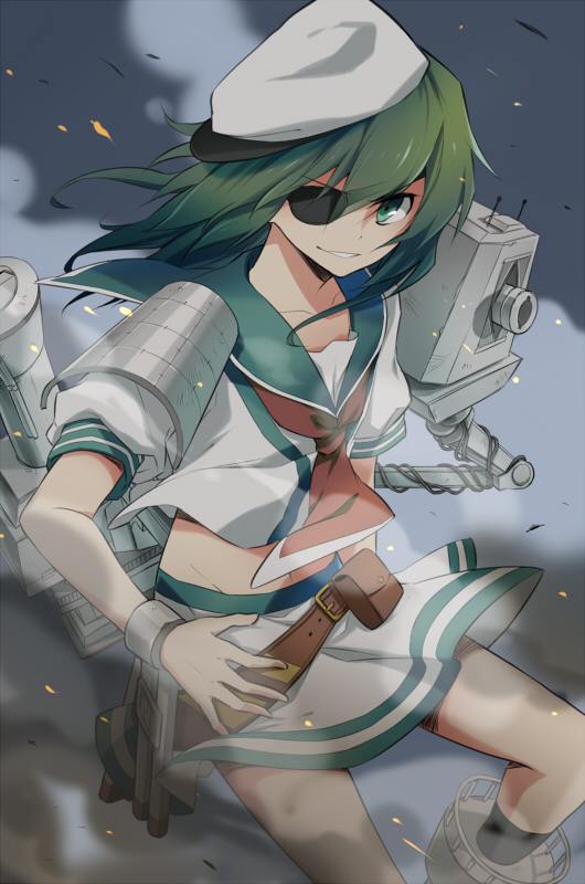 bad_id bad_pixiv_id bracelet cannon eyepatch green_eyes green_hair grin hat jewelry kantai_collection kiso_(kantai_collection) long_hair nekogohan smile weapon