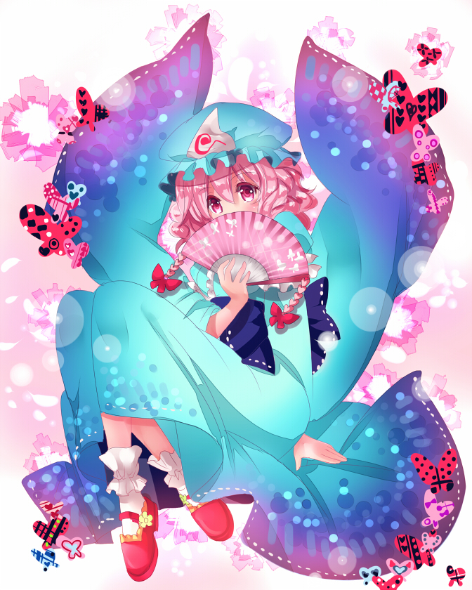bug butterfly covering_mouth fan folding_fan hat hidden_mouth insect japanese_clothes kimono md5_mismatch nagare pink_eyes pink_hair saigyouji_yuyuko sash solo touhou triangular_headpiece wide_sleeves