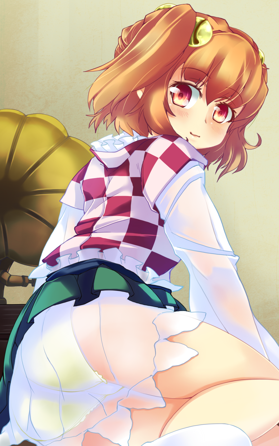 ass bad_id bad_pixiv_id bell blush brown_hair commentary_request hair_bell hair_ornament highres konata_gazel long_sleeves looking_at_viewer looking_back lying motoori_kosuzu on_side panties pantyshot pantyshot_(lying) phonograph pleated_skirt red_eyes see-through shirt skirt solo touhou two_side_up underwear upskirt vest white_panties