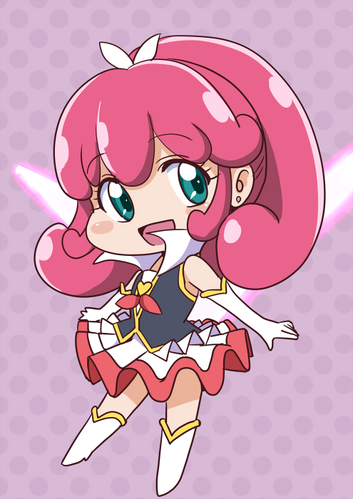 bakusai blue_eyes blush boots chibi cure_mirage earrings elbow_gloves full_body gloves happinesscharge_precure! jewelry knee_boots magical_girl pink_hair polka_dot polka_dot_background precure purple_background queen_mirage short_hair skirt smile solo spoilers white_gloves