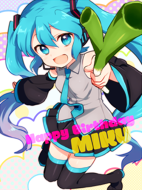 :d bad_id bad_pixiv_id black_legwear blue21 blue_eyes blue_hair boots character_name detached_sleeves happy_birthday hatsune_miku headset long_hair necktie open_mouth smile solo spring_onion thigh_boots thighhighs twintails vocaloid zettai_ryouiki