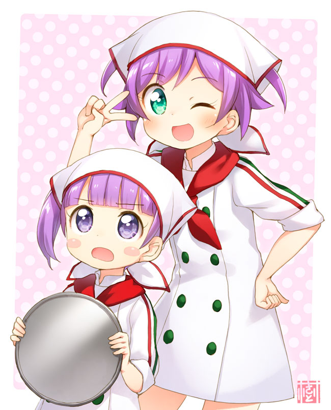 ;d aqua_eyes bangs blunt_bangs blush blush_stickers buttons chef_hat chef_uniform commentary_request d: double-breasted furrowed_eyebrows hand_on_hip hat holding italian_clothes kito_(sorahate) looking_at_viewer manaka_lala manaka_non multiple_girls neckerchief one_eye_closed open_mouth pretty_(series) pripara purple_eyes purple_hair red_neckwear siblings sisters smile tray v