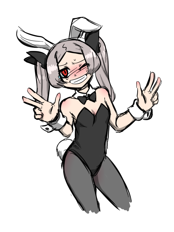 1girl alternate_costume animal_ears bare_shoulders black_hair black_legwear bloody_marie_(skullgirls) blush bow breasts bunny_ears bunny_girl bunny_tail bunnysuit cleavage gomi_(gomitin) grey_hair hair_bow long_hair looking_at_viewer pantyhose red_eyes simple_background skullgirls solo tail tears twintails white_background wink wrist_cuffs