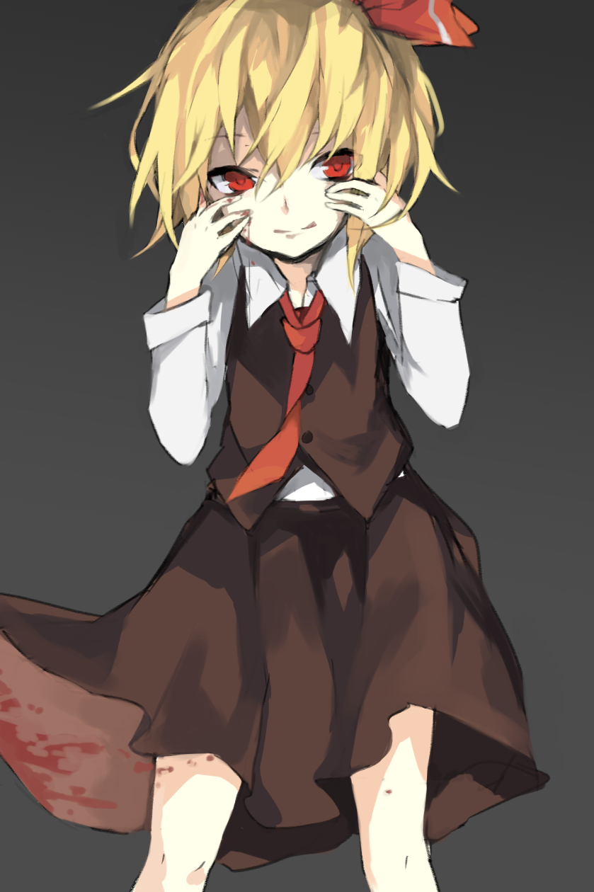 bad_id bad_pixiv_id blonde_hair blood blood_on_face blood_on_fingers hair_ribbon hands_on_own_face hasunokaeru highres necktie red_eyes red_neckwear ribbon rumia shirt short_hair skirt smile touhou vest