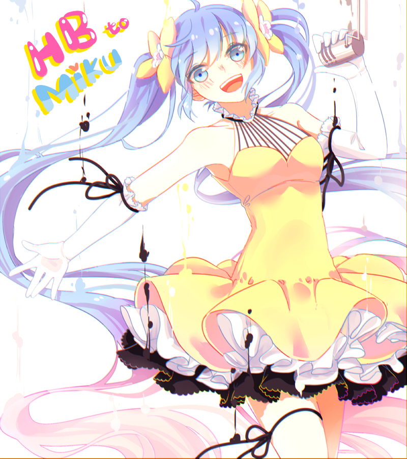 bad_id bad_pixiv_id blue_eyes blue_hair character_name dress elbow_gloves gloves happy_birthday hatsune_miku long_hair mame_(yangqi787) open_mouth solo twintails very_long_hair vocaloid
