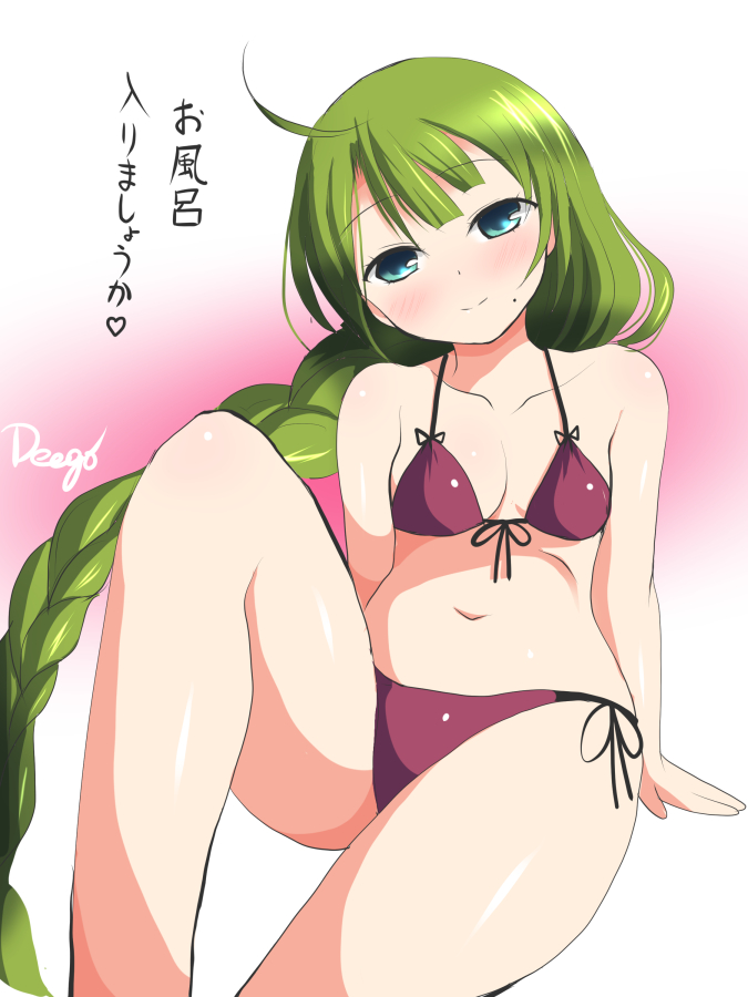 ahoge bikini blue_eyes blush braid breasts cleavage deego_(omochi_bazooka) front-tie_top green_hair kantai_collection long_hair looking_at_viewer medium_breasts mole mole_under_mouth navel single_braid sitting smile solo swimsuit translation_request very_long_hair yuugumo_(kantai_collection)
