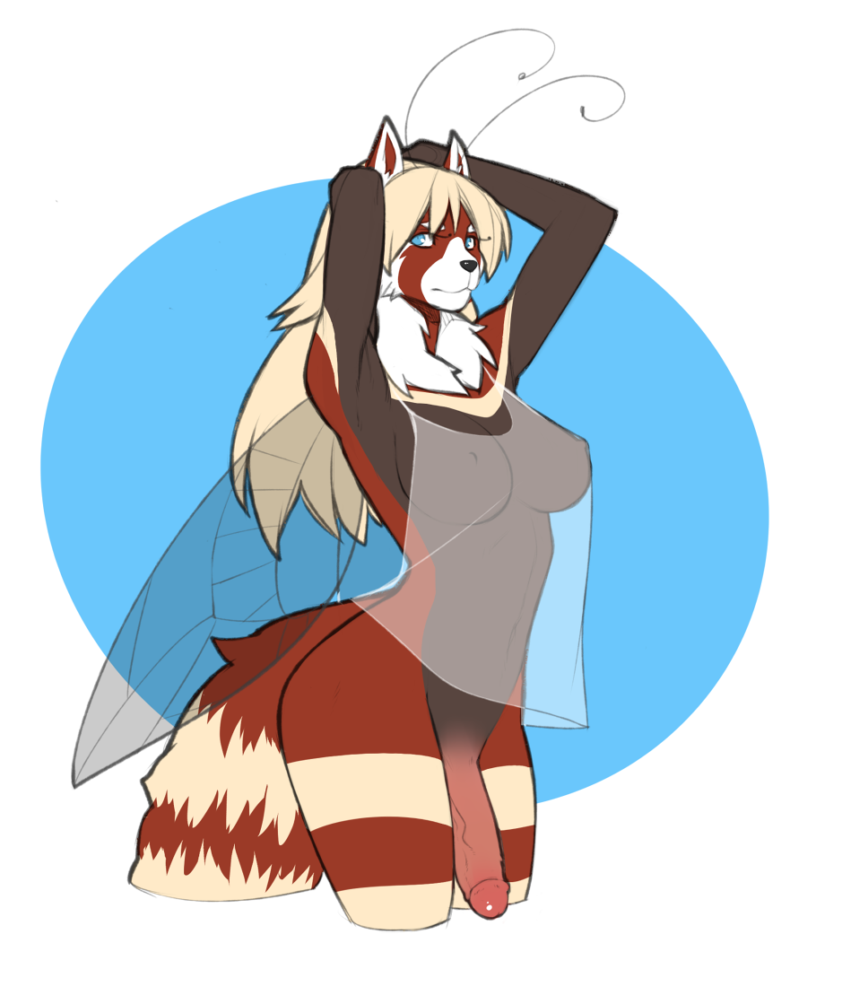 antennae anthro arthropod bee blonde_hair blue_eyes bottomless breasts hair herm hybrid insect intersex looking_at_viewer lurue mammal nipples nude penis plain_background red_panda sitting solo spearfrost whiskers