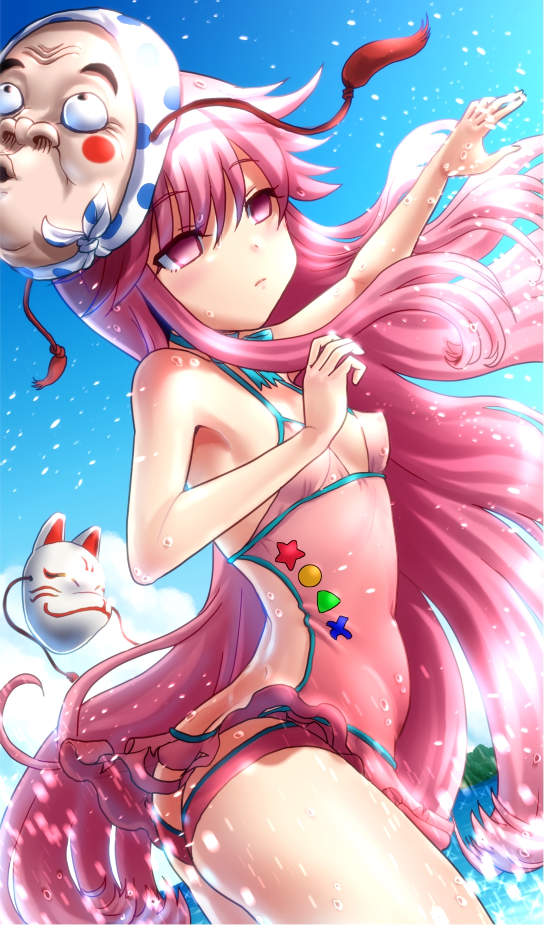 alternate_costume blush breasts butt_crack commentary expressionless fox_mask hata_no_kokoro highres kezune_(i-_-i) long_hair mask perky_breasts pink_eyes pink_hair small_breasts solo swimsuit touhou very_long_hair