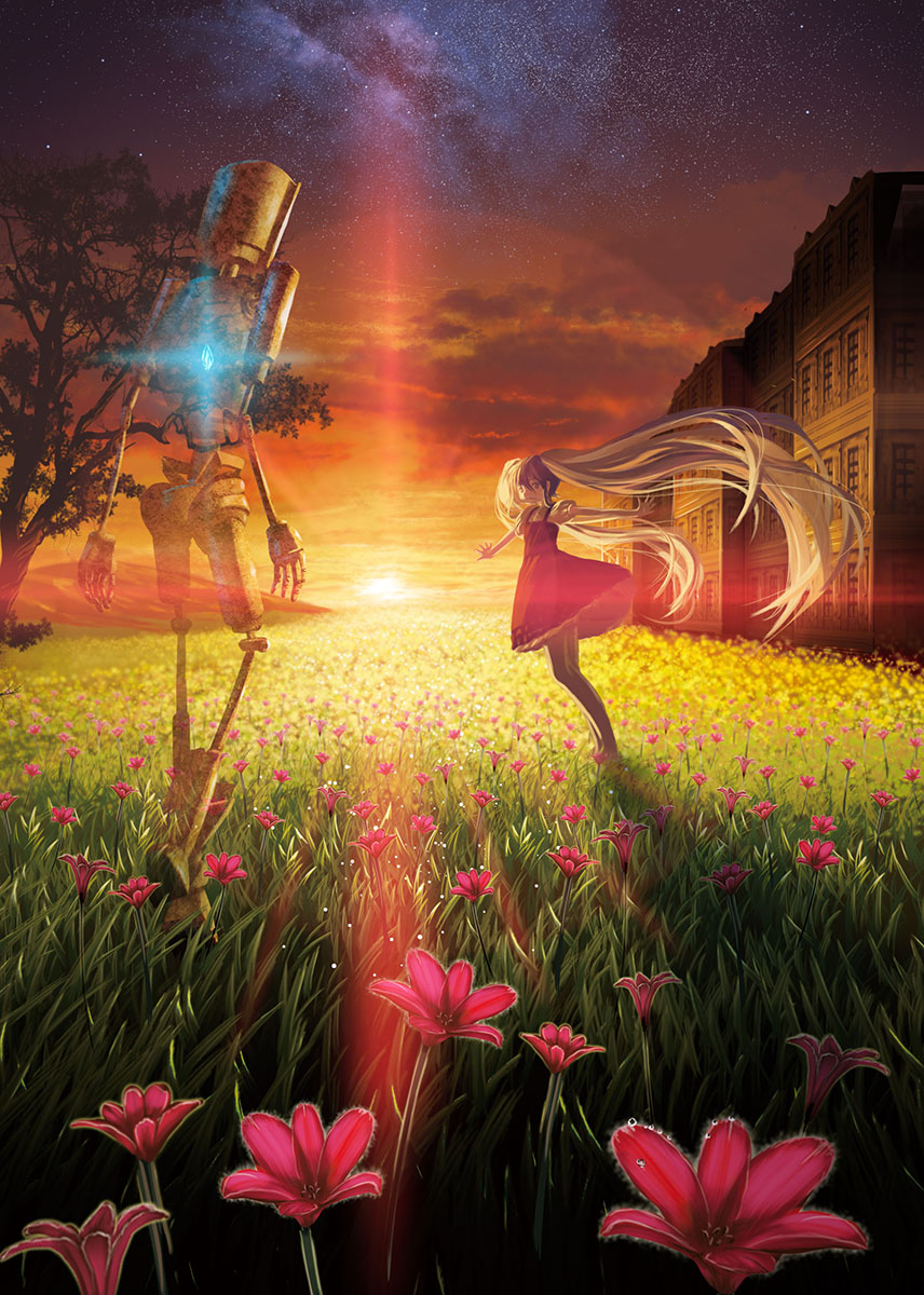 blonde_hair building cloud crystal dress field flower flower_field grass green_hair hatsune_miku highres lens_flare long_hair outstretched_arms puffy_short_sleeves puffy_sleeves robot scenery short_dress short_sleeves sky spread_arms star_(sky) sunset tree twintails very_long_hair vocaloid voice_(vocaloid) yonasawa
