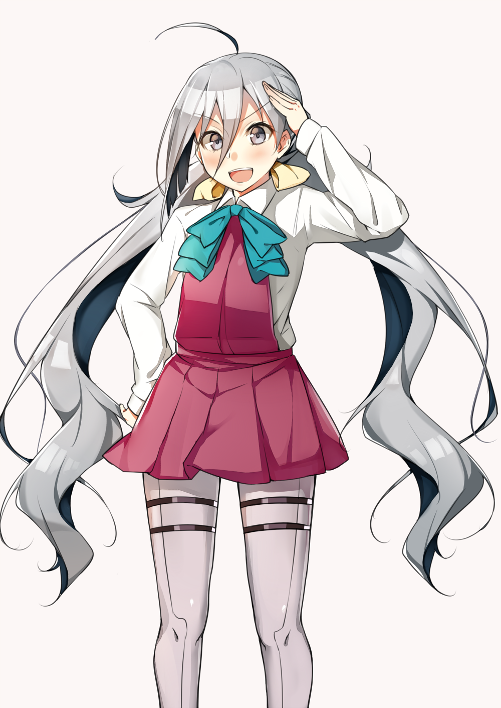 :d ahoge front-seamed_legwear grey_legwear highres kantai_collection kiyoshimo_(kantai_collection) long_hair looking_at_viewer low_twintails open_mouth pantyhose salute school_uniform seamed_legwear silver_eyes silver_hair smile solo soukou_makura twintails v-shaped_eyebrows