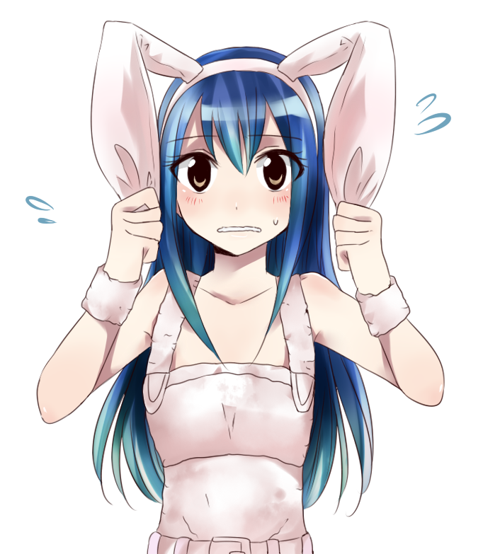 animal_ears blue_hair blush brown_eyes bunny_ears fairy_tail fake_animal_ears getsuyoubi long_hair looking_at_viewer simple_background solo wendy_marvell white_background