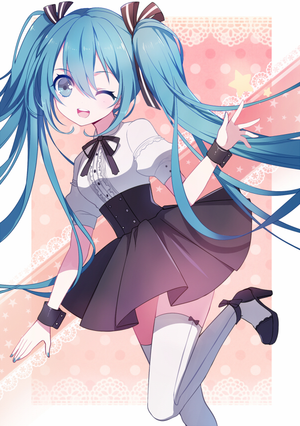 ;d blue_eyes blue_hair bow bowtie hair_bow hair_ribbon hatsune_miku ling_(sroin) long_hair looking_at_viewer one_eye_closed open_mouth pleated_skirt ribbon skirt smile solo twintails vocaloid white_legwear