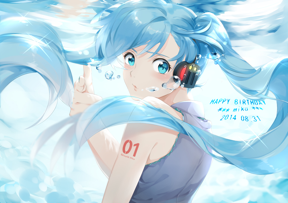air_bubble aqua_hair blue_eyes blue_hair breath bubble bubble_blowing happy_birthday hatsune_miku headphones holding_breath long_hair pointing pointing_at_viewer pointing_finger satsuma submerged twintails underwater vocaloid