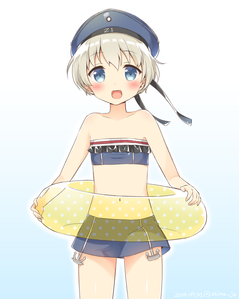 :d adapted_costume alternate_costume blue_eyes clothes_writing cowboy_shot hat innertube kantai_collection looking_at_viewer masuishi_kinoto navel open_mouth sailor_hat short_hair silver_hair smile solo swimsuit z1_leberecht_maass_(kantai_collection)