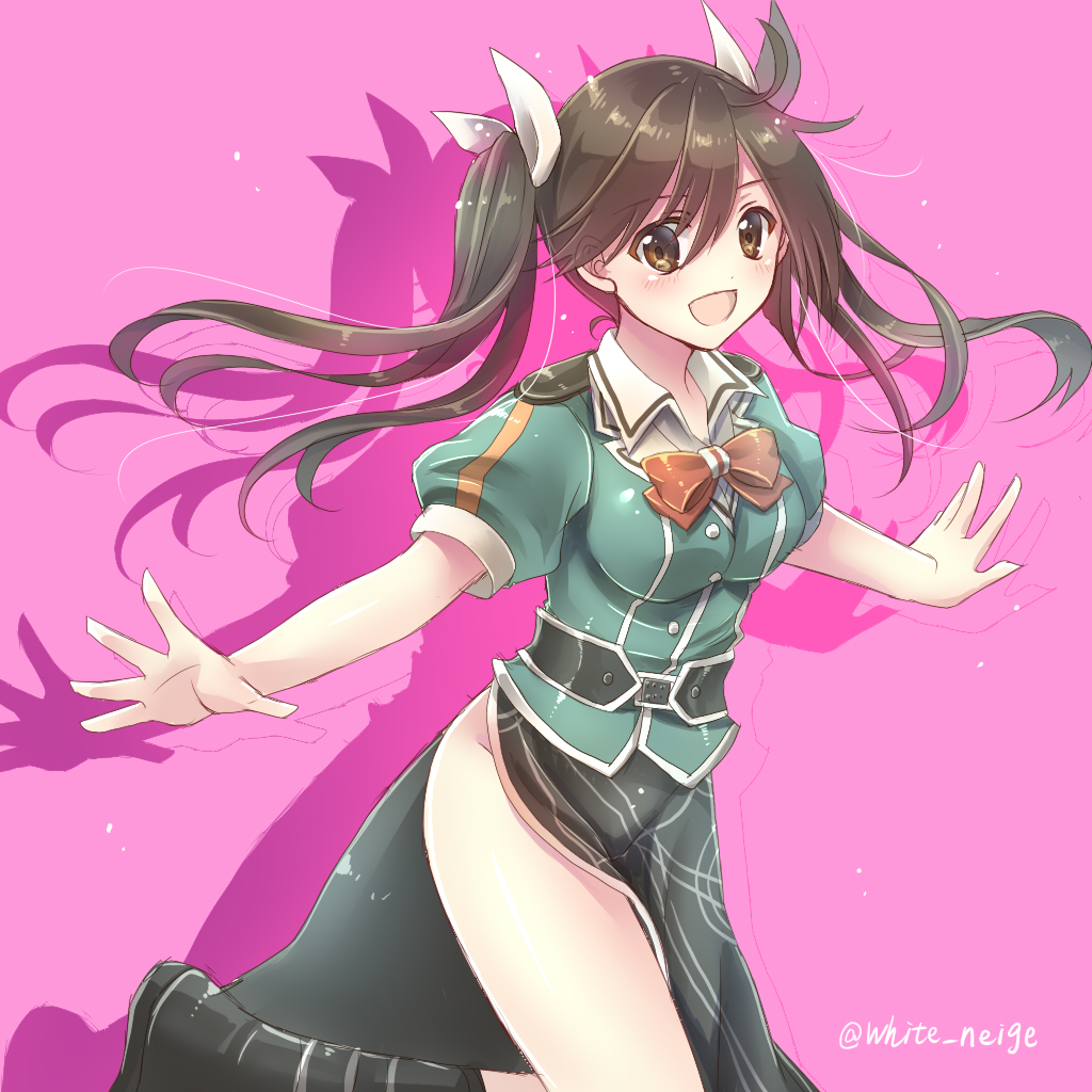 :d blush brown_eyes brown_hair cowboy_shot hair_between_eyes hair_ribbon kantai_collection long_hair no_panties open_mouth outstretched_arms pelvic_curtain remodel_(kantai_collection) ribbon serino_itsuki side_slit smile solo spread_arms tone_(kantai_collection) twintails twitter_username white_ribbon