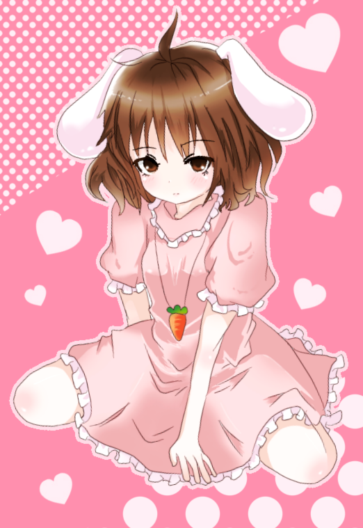 animal_ears brown_eyes brown_hair bunny_ears carrot_necklace dress frilled_dress frills heart heart_background inaba_tewi jewelry naru424 pendant pink_dress puffy_short_sleeves puffy_sleeves short_hair short_sleeves sitting touhou wariza