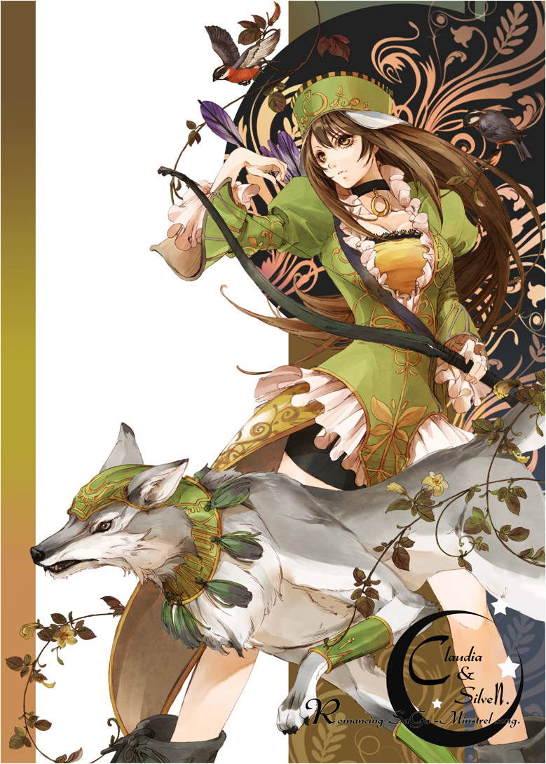 animal arrow bird boots bow_(weapon) breasts brown_hair choker claudia_(saga) cleavage dress eyelashes flower green_dress hat holding holding_weapon large_breasts leaf lips long_hair long_sleeves puffy_long_sleeves puffy_sleeves romancing_saga romancing_saga_minstrel_song saga seqet-aru solo weapon wolf yellow_eyes