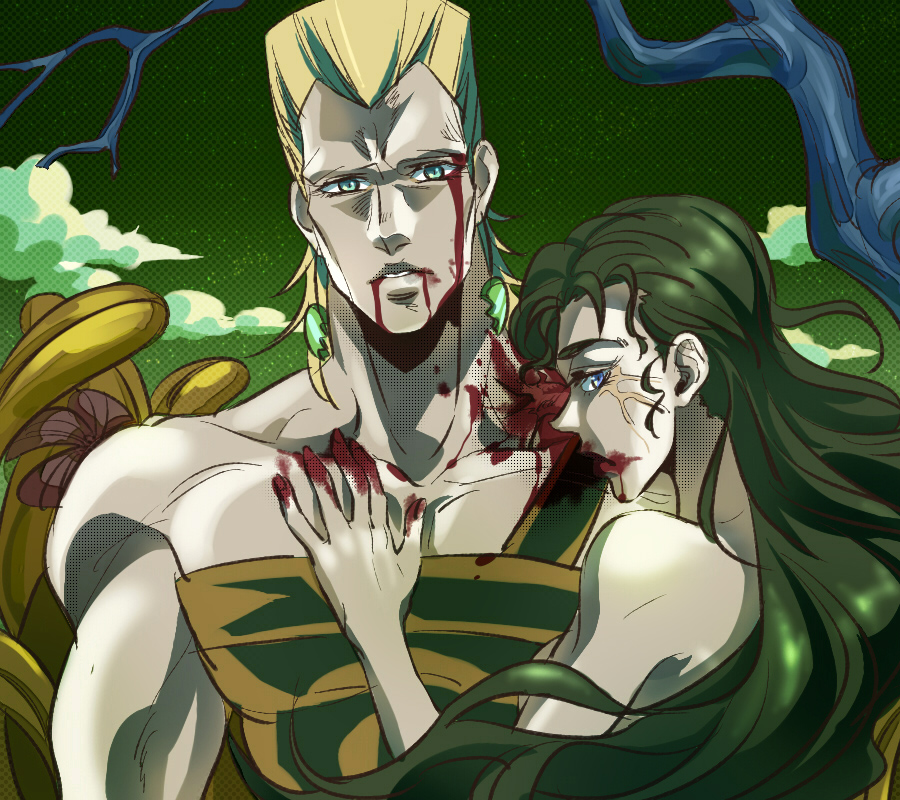 1girl anz black_hair blonde_hair blood blood_in_mouth blood_on_face blue_eyes brother_and_sister jean_pierre_polnareff jojo_no_kimyou_na_bouken scar sherry_polnareff siblings