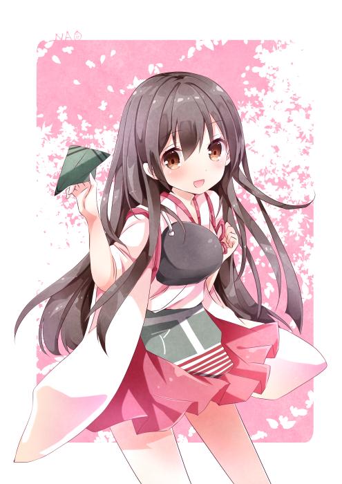 akagi_(kantai_collection) brown_eyes brown_hair cherry_blossoms japanese_clothes kantai_collection leaf leaf_background light_smile long_hair looking_at_viewer muneate nanase_nao paper_airplane skirt solo standing