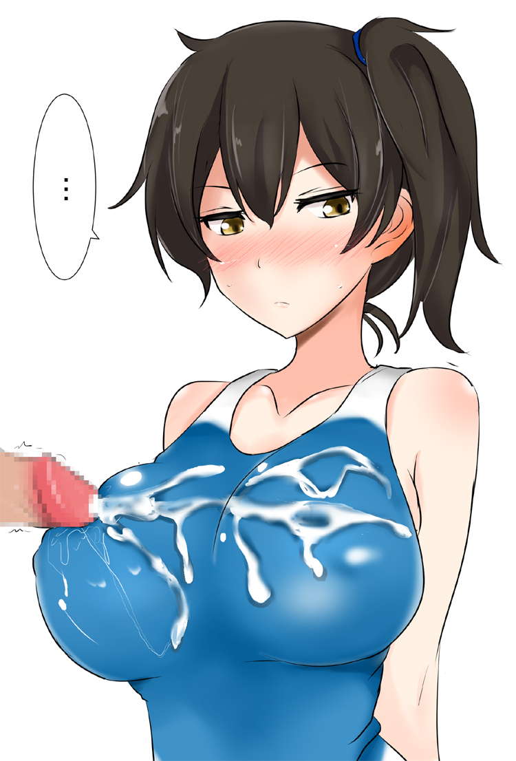 1girl alternate_costume blue_swimsuit blush breasts brown_eyes brown_hair censored cum cum_on_body cum_on_breasts cum_on_upper_body hetero kaga_(kantai_collection) kantai_collection large_breasts looking_away mosaic_censoring one-piece_swimsuit penis poshi_(ginmokusei) short_hair side_ponytail simple_background swimsuit white_background
