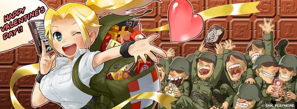 1girl aikawa_rumi artist_request backpack bag blonde_hair breasts candy chocolate green_eyes large_breasts metal_slug military military_uniform multiple_boys official_art open_mouth ponytail smile snk uniform valentine valentine's_day wink