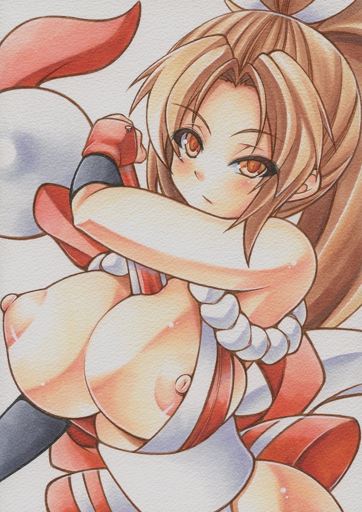blush breasts brown_eyes brown_hair closed_fan fan fatal_fury folding_fan large_breasts long_hair marker_(medium) millipen_(medium) nipple_slip nipples ponytail revealing_clothes shiranui_mai simple_background slit_pupils solo the_king_of_fighters traditional_media uneven_eyes upper_body very_long_hair white_background yutakasan-love