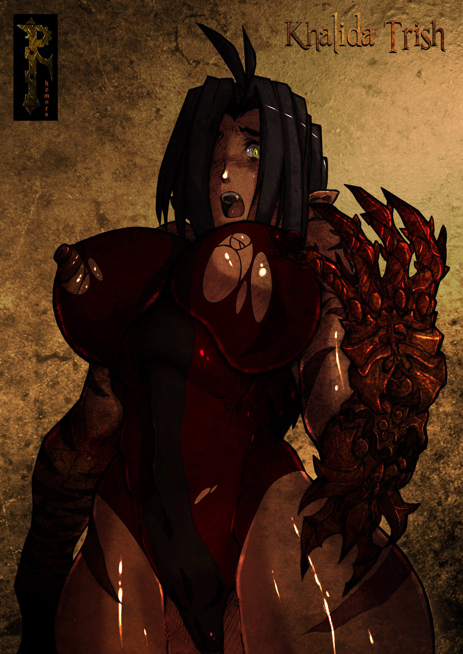 antenna_hair black_hair blush breast_slip breasts character_name claws dark_nipples dark_skin demon_girl fang hair_over_one_eye highres huge_breasts khalida_trish leotard nipples one_breast_out open_mouth original pointy_ears rhemora scar solo thick_thighs thighs torn_clothes torn_leotard transformation very_dark_skin yellow_eyes