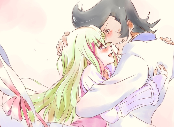 1girl :d black_hair blonde_hair blush commentary couple crying crying_with_eyes_open dandy_(space_dandy) dress from_side hat hat_ribbon hetero hug long_hair long_sleeves looking_at_another multicolored_hair nwon'yo_pasun open_mouth pale_skin pink_eyes poe_(space_dandy) pompadour ribbon simple_background smile space_dandy sun_hat tears tuxedo upper_body