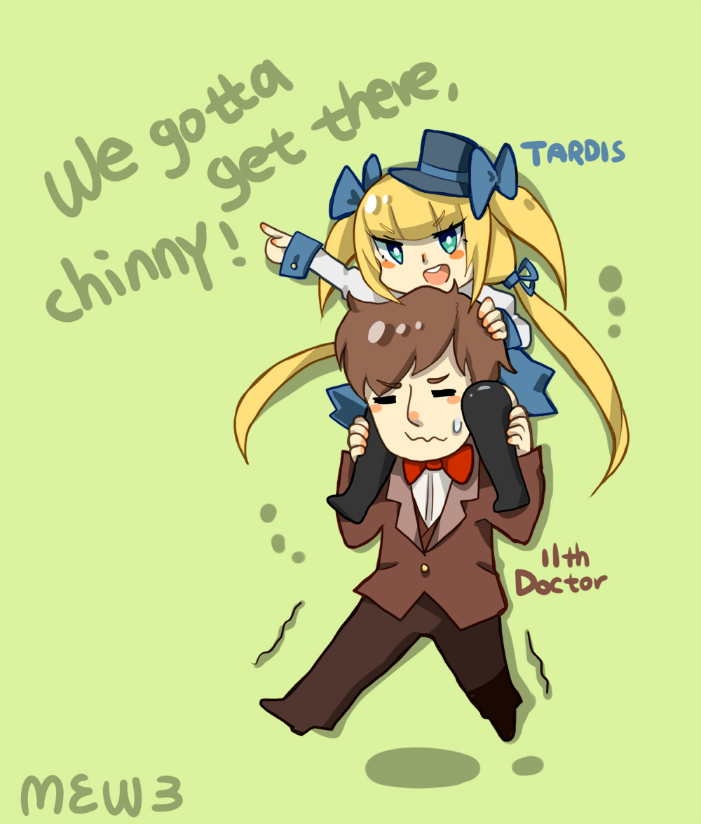 1girl blonde_hair blue_eyes bow bowtie doctor_who eleventh_doctor hat jacket personification ribbon shirt tachibana_neko tardis text_focus the_doctor thighhighs