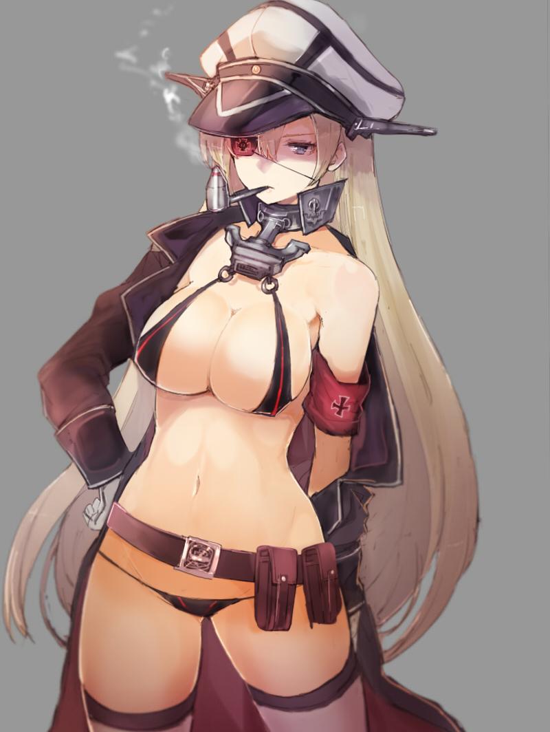 alternate_costume anchor armband belt bikini bismarck_(kantai_collection) black_bikini blonde_hair blue_eyes breasts commentary cowboy_shot eyepatch gloves hand_on_hip hat impossible_clothes impossible_swimsuit jacket kantai_collection large_breasts long_hair loose_belt navel open_clothes open_jacket peaked_cap pipe smoke solo sumisu_(mondo) swimsuit thigh_strap very_long_hair white_gloves