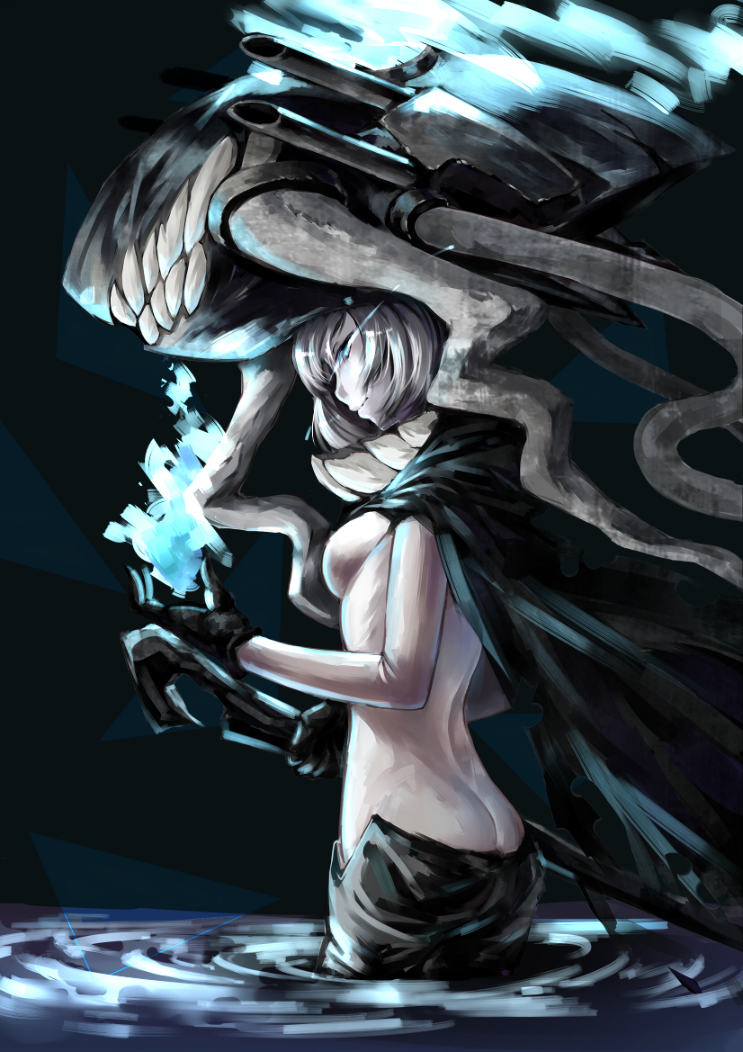 ass bad_id bad_pixiv_id blue_eyes bodysuit cape gloves glowing kantai_collection light_trail looking_at_viewer mixke monster shinkaisei-kan short_hair silver_hair solo staff tentacles turret wading water wo-class_aircraft_carrier
