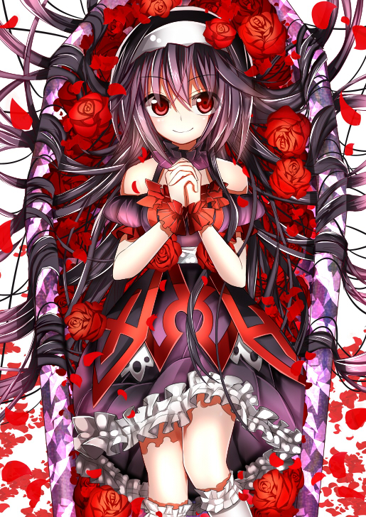 bad_id bad_pixiv_id black_hair flower frills hairband hands_clasped long_hair looking_at_viewer nekoboshi_sakko original own_hands_together red_eyes rose smile solo