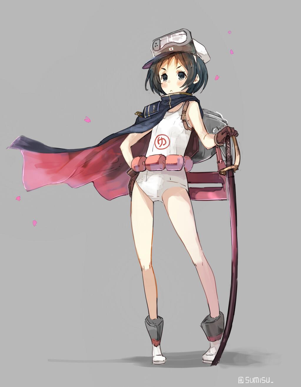 :&lt; bare_legs black_eyes black_hair blush brown_gloves cape closed_mouth diving_mask diving_mask_on_head downscaled flotation_belt full_body gloves grey_background hand_on_hip hat highres kantai_collection katana maru-yu_(kantai_collection) md5_mismatch one-piece_swimsuit resized school_swimsuit short_hair simple_background solo standing sumisu_(mondo) swimsuit sword twitter_username v-shaped_eyebrows weapon white_school_swimsuit white_swimsuit