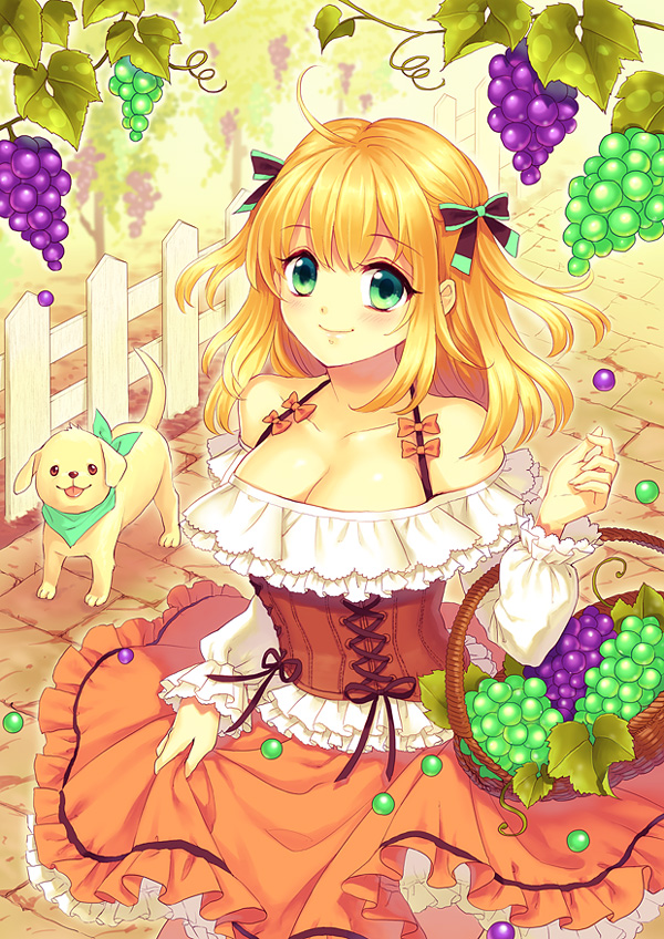 ahoge bare_shoulders basket blonde_hair bow breasts cleavage dog dress fence food fruit grapes green_eyes hair_bow long_hair long_sleeves mashuu medium_breasts original puppy smile solo two_side_up