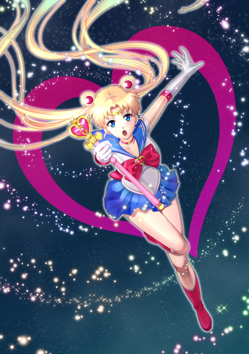 :o anko_(anko-chan) bad_id bad_pixiv_id bishoujo_senshi_sailor_moon blonde_hair blue_background blue_eyes blue_sailor_collar blue_skirt boots bow brooch choker double_bun earrings elbow_gloves full_body gloves hair_ornament hairpin heart holding holding_wand jewelry knee_boots long_hair magical_girl pleated_skirt red_bow red_choker ribbon sailor_collar sailor_moon sailor_senshi_uniform skirt solo spiral_heart_moon_rod tiara tsukino_usagi twintails very_long_hair wand white_gloves