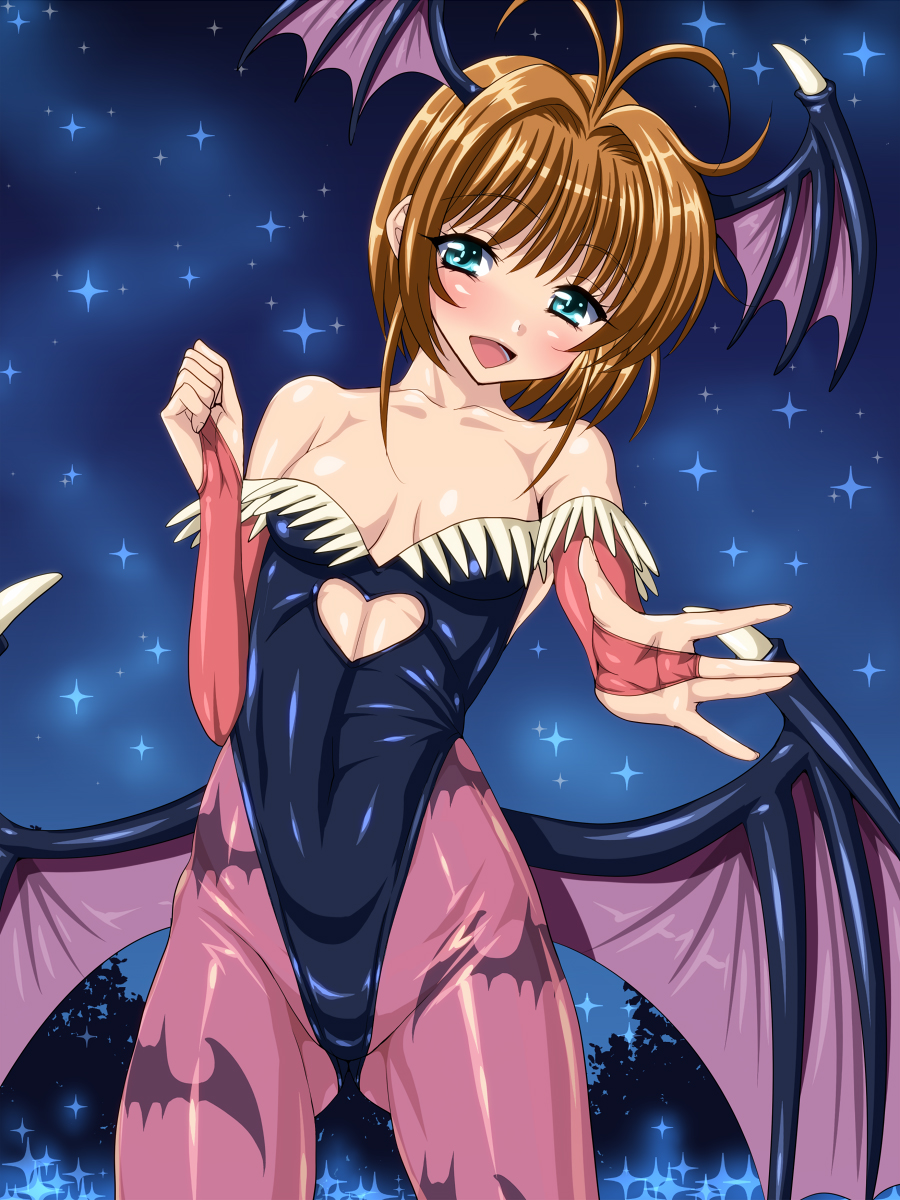 :d animal_print antenna_hair bangs bare_shoulders bat_print bat_wings blue_eyes blush breasts bridal_gauntlets brown_hair cardcaptor_sakura cleavage clenched_hand collarbone cosplay cowboy_shot demon_girl foreshortening hair_intakes happy head_wings heart_cutout highleg highleg_leotard highres kinomoto_sakura leotard low_wings morrigan_aensland morrigan_aensland_(cosplay) night night_sky open_mouth outdoors outstretched_hand pantyhose print_legwear purple_legwear purple_wings sen_(sansui) shiny shiny_skin short_hair sky small_breasts smile solo sparkle strapless succubus vampire_(game) wings