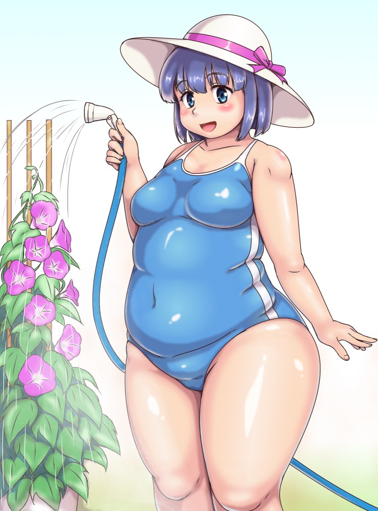 :d bangs blush breasts competition_school_swimsuit covered_navel fat fat_step-sister_(orizen) flower hat hat_ribbon hose impossible_clothes impossible_swimsuit looking_at_viewer medium_breasts morning_glory navel one-piece_swimsuit open_mouth original orizen plant potted_plant purple_eyes purple_hair ribbon short_hair smile solo standing sun_hat swimsuit thick_thighs thighs watering