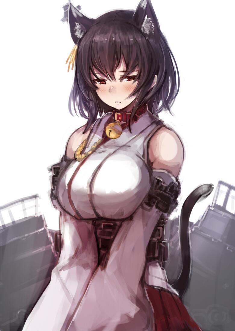 animal_ears bell bell_collar black_hair blush breasts cat_ears cat_tail collar detached_sleeves jingle_bell kantai_collection kemonomimi_mode large_breasts machinery nontraditional_miko red_eyes short_hair sketch solo sumisu_(mondo) tail white_background yamashiro_(kantai_collection)