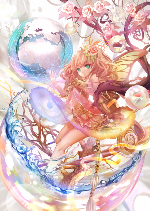 bad_id bad_pixiv_id blonde_hair blue_eyes bubble butterfly_wings flower globe hair_ornament long_hair looking_at_viewer original rose solo torino_akua tree_branch water wings