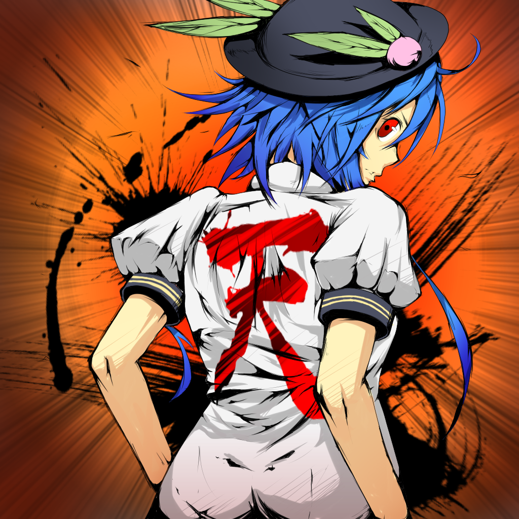 alternate_hairstyle ass bad_id bad_pixiv_id blue_hair clothes_writing food from_behind fruit hat heaven_(kanji) hinanawi_tenshi kai(ry kanji looking_back parody parted_lips peach puffy_sleeves red_eyes short_hair short_hair_with_long_locks short_sleeves solo street_fighter touhou