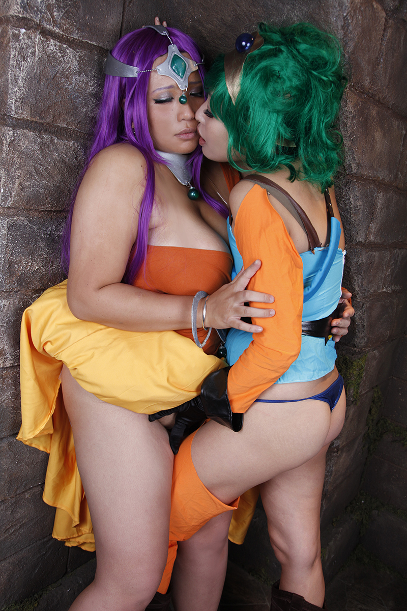 2girls asian ass breasts brown_eyes cameltoe chouzuki_maryou cosplay dragon_quest dragon_quest_iv fingering green_hair large_breasts minea minea_(cosplay) multiple_girls photo plump purple_hair square_enix thong yuri