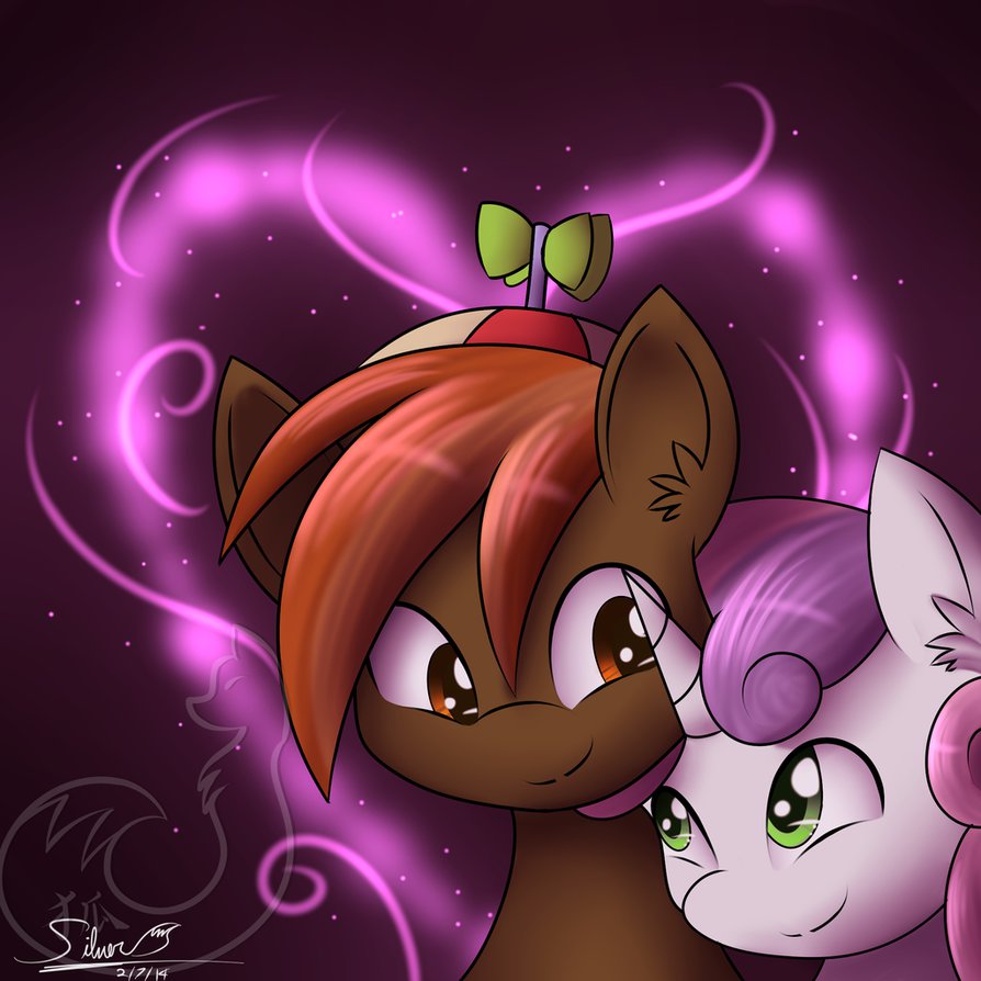 &lt;3 beanie bigger_version_at_the_source button_mash_(mlp) couple cub cute duo equine eye_contact friendship_is_magic hair hat horn horse mammal my_little_pony pony silverfox057 smile sweetie_belle_(mlp) two_tone_hair unicorn young