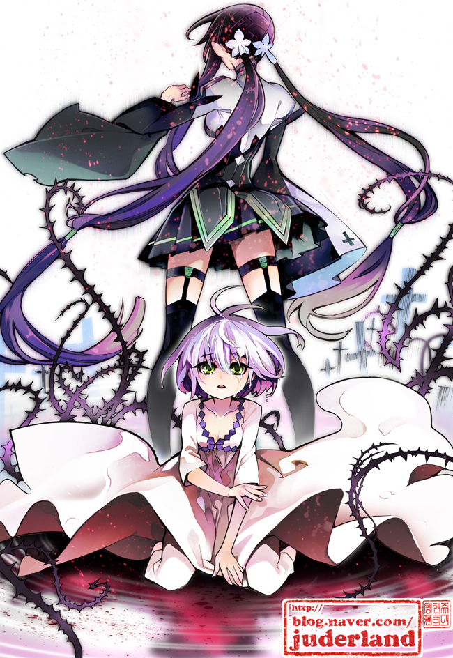 cavalier_of_the_abyss juder long_hair multiple_girls pointy_ears purple_hair serin_demon siana twintails very_long_hair