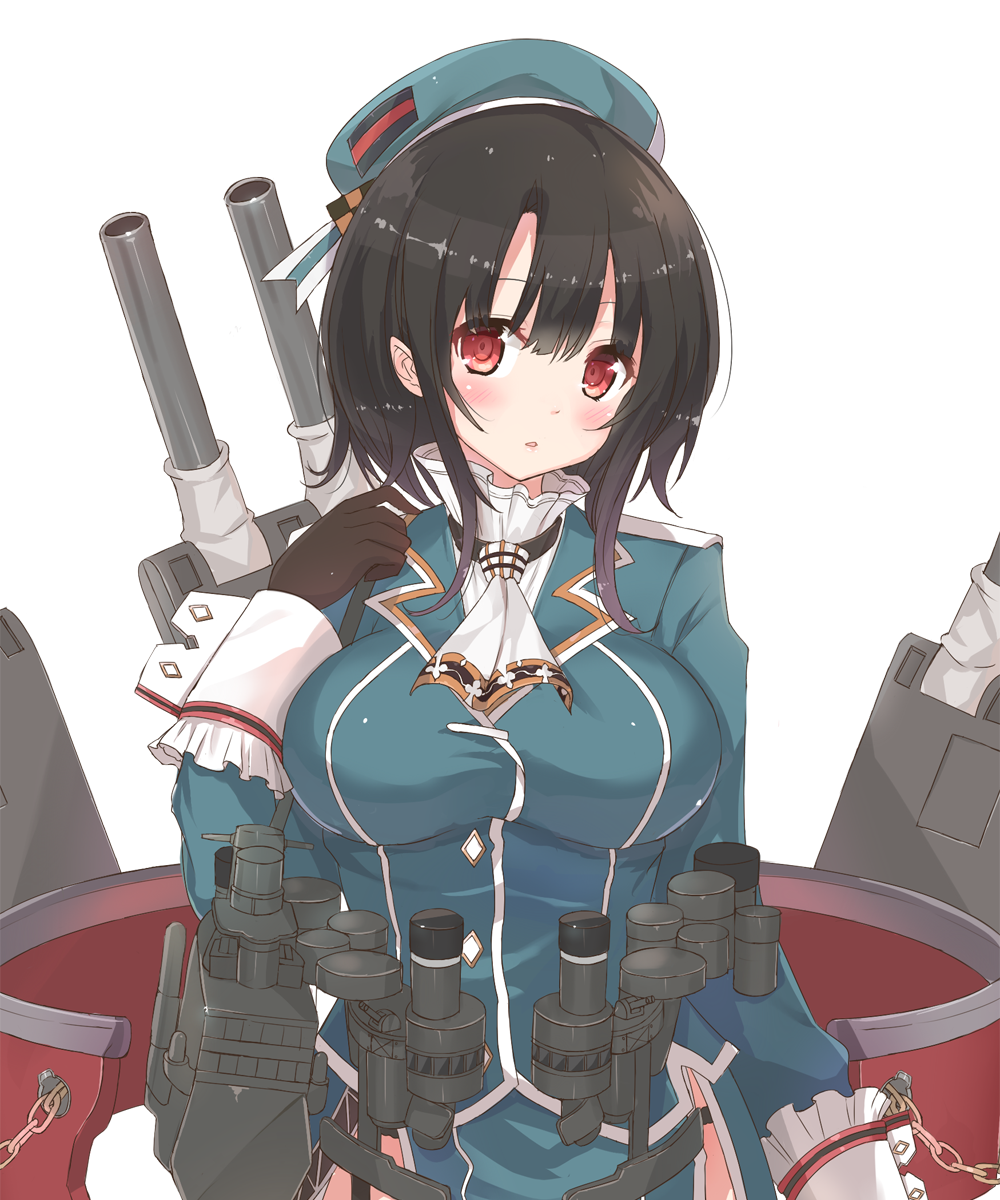 ascot beret black_gloves black_hair blush breasts chain gloves hat highres kagerou_(shadowmage) kantai_collection large_breasts long_sleeves looking_at_viewer machinery military military_uniform red_eyes short_hair solo takao_(kantai_collection) turret uniform white_background wrist_cuffs