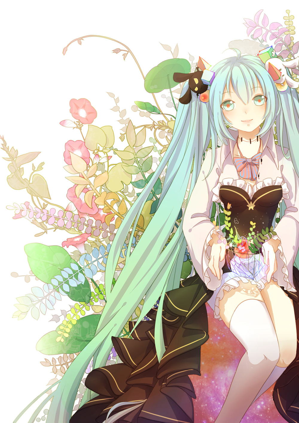 bad_id bad_pixiv_id flower gift green_eyes green_hair hair_ornament hatsune_miku highres long_hair looking_at_viewer mame_(yangqi787) smile solo twintails vocaloid
